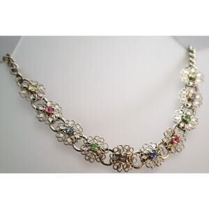 Lacy Rhinestone Flower Necklace Vintage Pastel Choker